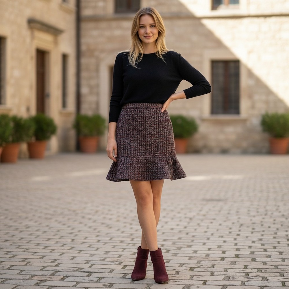 RED Valentino Wool Blend Tweed Bouclé Flare Skirt Made in Italy Designer